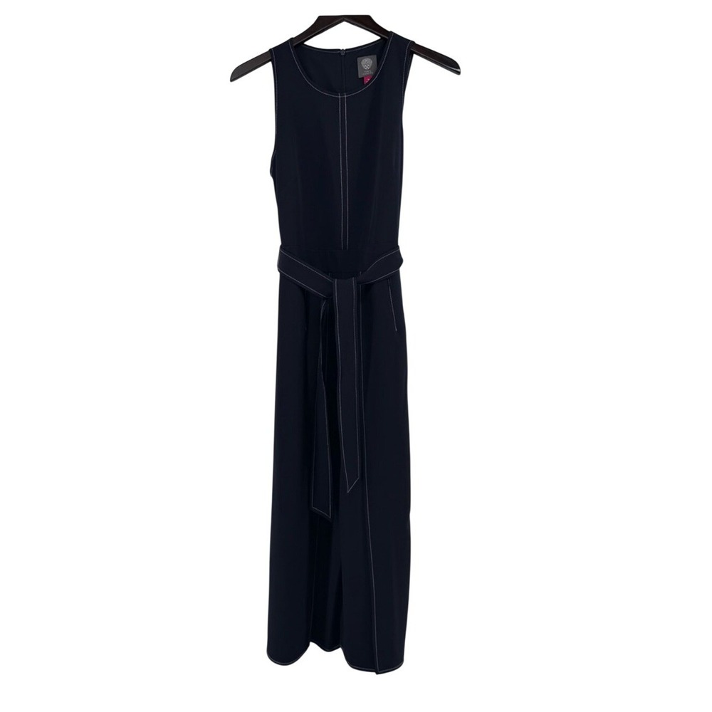 Vince Camuto Navy Blue Contrast Stitch Wide Leg Sleeveless Jumpsuit 10